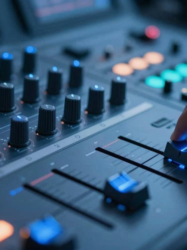 Sleek close-up of a professional color grading console with glowing blue dials, a hand adjusting the wheels, soft cyan ambient light, technological depth of field.