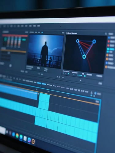 Macro shot of a high-end video editing software timeline on a monitor, glowing blue and cyan interface elements, shallow depth of field, professional post-production environment.