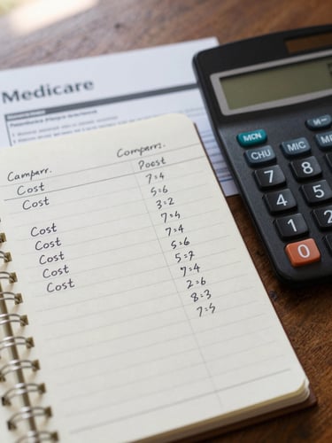 Overhead close-up of a notepad with handwritten cost comparison figures, a calculator beside it, and a Medicare plan document partially visible at the top edge, soft natural window light, warm desk surface