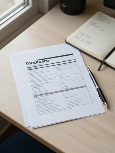 Close-up overhead view of a real wooden desk with Medicare plan comparison documents spread out, a notepad with handwritten notes, and a pen resting on the paperwork — natural window light from the left, warm off-white surface