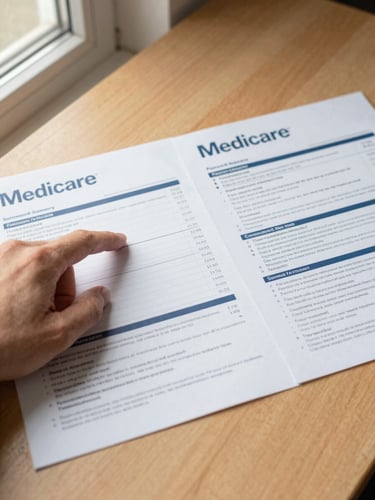 Close-up overhead shot of two Medicare plan summary documents laid side by side on a light wood desk, one hand pointing to a line item on the left document, natural window light from the upper left, warm and focused
