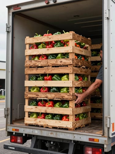Close-up of produce crates being loaded into a refrigerated truck at a farm packing dock, hands securing a wooden crate of peppers, overcast daylight, industrial dock edge visible, no people's faces
