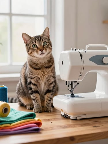 Warm indoor photography, a cozy workshop table with colorful fabrics, threads, and a happy tabby cat sitting next to a sewing machine, looking curious, soft natural window light.