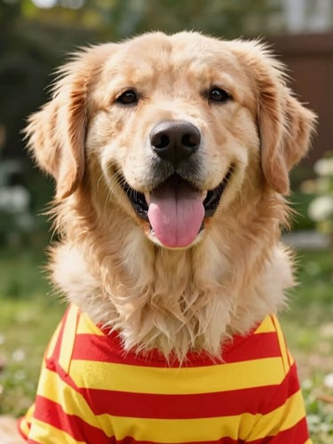 Vibrant pet photography, warm natural daylight, a happy fluffy golden retriever wearing a bright cherry red and sunny yellow striped t-shirt, looking directly at the camera with its tongue out, soft outdoor garden background.