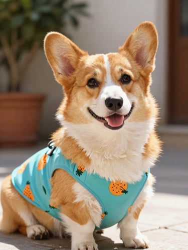 Un alegre perrito Corgi sonriendo a la cámara usando una colorida camisa playera con estampado de sandías, luz natural brillante de Celaya, fondo de jardín soleado.