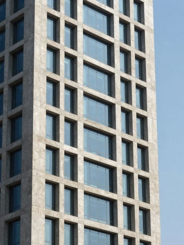 Crisp architectural crop of a modern concrete and glass tower in Islamabad, sharp daylight, deep shadows, 35mm lens