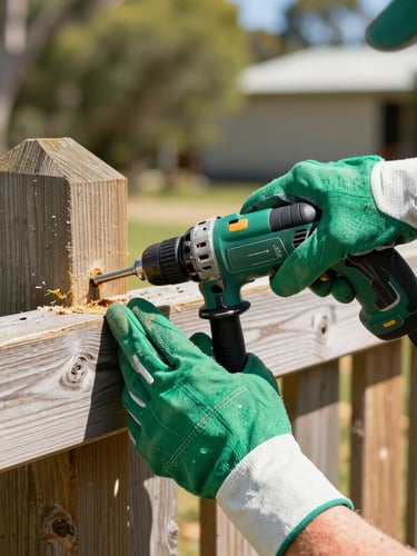 Close-up of a tradesperson's hands, in green work gloves, meticulously repairing a timber fence post with a drill, Goldfields sun, natural shade, clean green and white accents, sharp focus, 35mm
