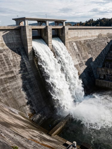 Dramatic aerial drone shot of a massive concrete irrigation dam discharging water, powerful mist, crisp overcast daylight emphasizing the brutalist concrete forms.