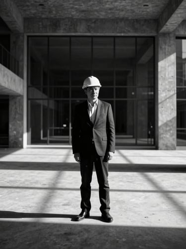 High-contrast black and white executive portrait of a lead structural engineer in a concrete and glass studio, dramatic side lighting, sharp shadows, minimalist background.