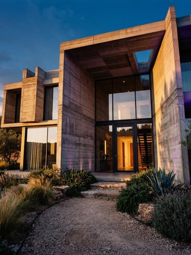 Dramatic low-angle architectural photograph of a modern concrete and glass villa entrance, sharp shadow play from late-afternoon sun, royal purple light accentuating the geometric concrete facade, 35mm film style