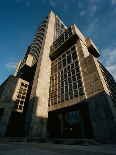 Dramatic low-angle architectural photograph of a modern concrete and glass corporate headquarters, sharp afternoon shadows, minimalist and imposing, 35mm film