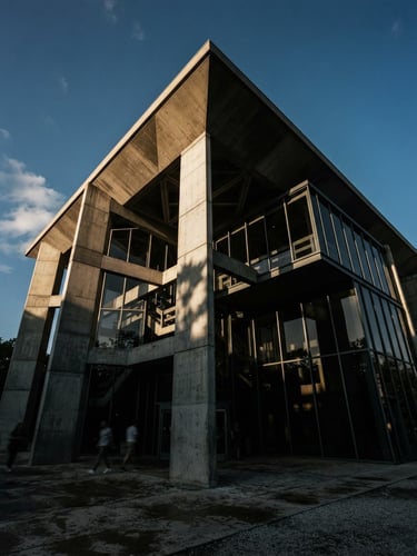 Dramatic low-angle architectural photograph of a modern concrete and glass pavilion, sharp shadow play, late-afternoon sun, 35mm film