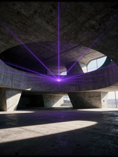 Wide-angle architectural rendering of a modular space habitat interior, sharp technical lines, royal purple laser telemetry overlay, dark concrete textures, high-contrast late-afternoon sunlight casting long shadows, 35mm film