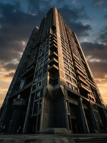 Dramatic low-angle architectural photograph of a towering modern concrete structure against a late-afternoon sky with deep shadows, charcoal and concrete tones, wide-angle lens, 35mm film style