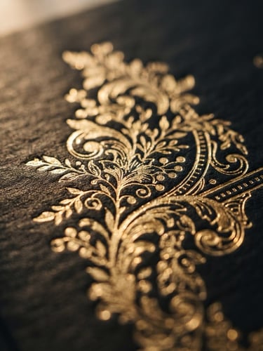 Luxury product photography, warm side-lighting on gold foil wedding invitation, rich black paper texture, shallow depth of field, 35mm