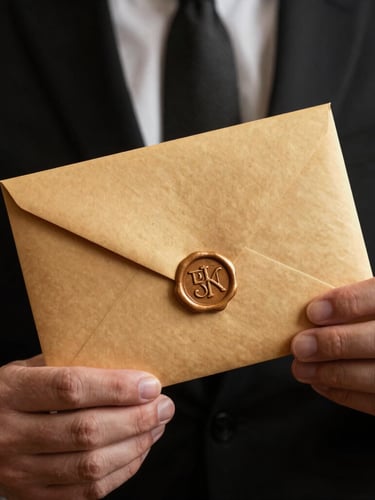 Macro portrait shot of elegant hands holding a gold-foiled wedding invitation envelope, sealed with wax, soft dramatic side-light, luxury studio setting