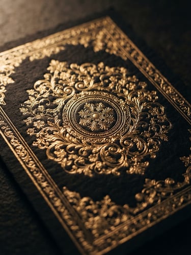 Luxury wedding invitation card mockup with gold foil embossing on heavy textured black paper, warm dramatic side-lighting, shallow depth of field