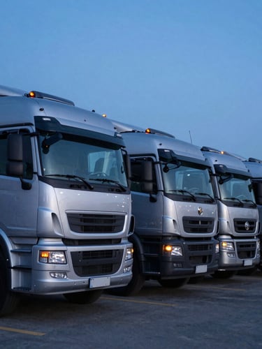 A fleet of silver commercial trucks parked in a neat row at a Cuenca logistics yard during twilight, soft blue ambient light reflecting on metallic surfaces, sharp focus
