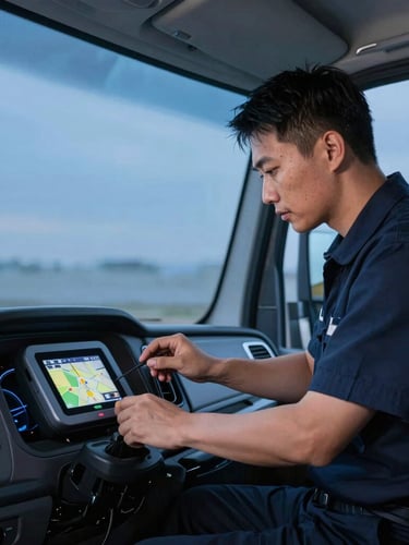 A professional technician in a dark blue uniform installing a compact GPS tracking device under the dashboard of a modern commercial truck, clean vehicle interior, cool twilight lighting, sharp focus