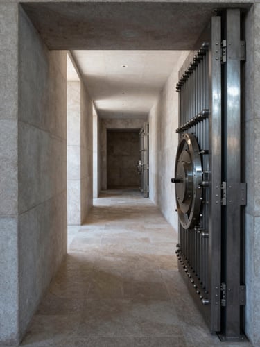 Wide architectural interior of a private bank vault corridor, cool north-facing light, polished stone walls and heavy steel door frame visible to the right edge, deep perspective lines receding to centre, no people, no text, austere and precise