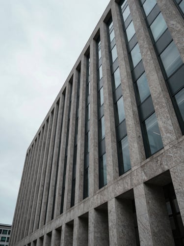 Wide-angle architectural shot looking upward along the facade of a monumental stone-and-glass institutional building, precise vertical lines converging toward a controlled overcast sky, cool north-facing daylight, no people, no signage, austere and compositionally exact