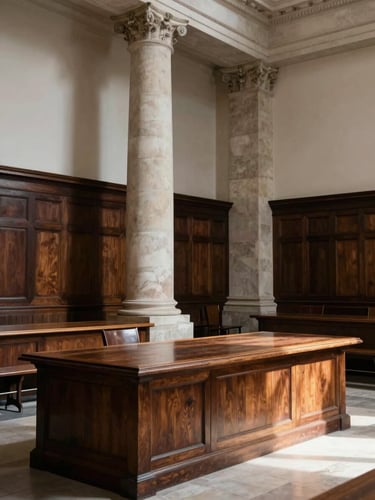 Wide architectural interior of a heritage European financial institution — stone columns, dark wood panelling, a long mahogany desk under controlled north-facing daylight; no people, no decoration, austere and precise