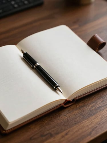 Close-up of an open leather-bound portfolio document on a solid oak desk, a fountain pen resting diagonally across the page, cool diffused studio light from the upper left casting precise shadows on the document's embossed header—no text legible, no people, no digital screens