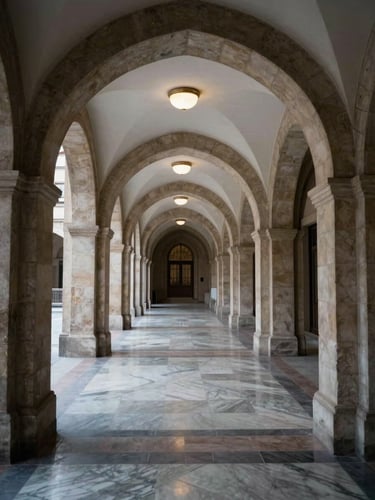 Wide-angle view of a heritage building corridor with stone arches and a polished marble floor receding into the distance, cool controlled institutional lighting from ceiling fixtures, deep shadow in the foreground arch—no people, no signage, no decorative objects