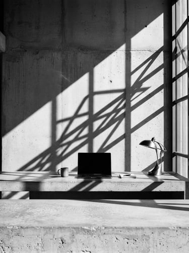 Dramatic high-contrast monochrome architectural shadow casting across a modern concrete workspace, sharp focus, minimal composition, 35mm film grain
