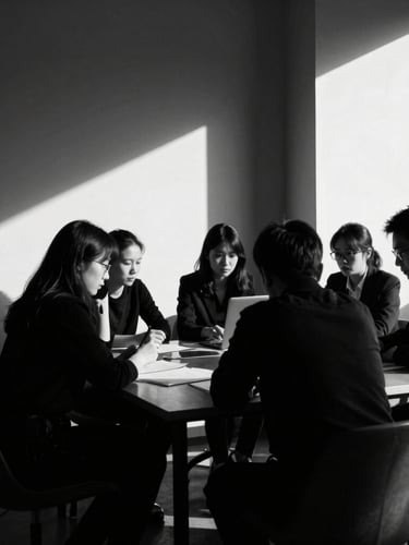 Sharp, candid team collaboration in a high-end monochrome workspace, deep shadows, directional key light