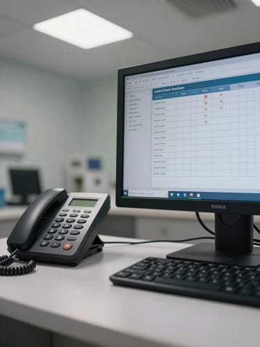 Close-up overhead shot of a clinic front desk surface, a ringing desk phone on the left, a monitor screen showing patient scheduling columns with appointment slots filled in, cool fluorescent overhead lighting, no people, organized and operational