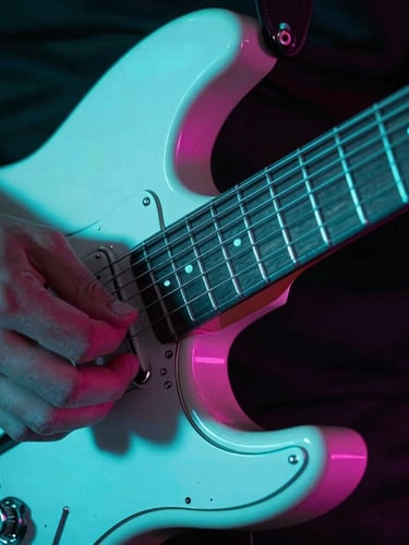Extreme close-up of a neon-lit electric guitar fretboard, hands executing a fast sweep pick, high-contrast cyan under-glow, 35mm lens