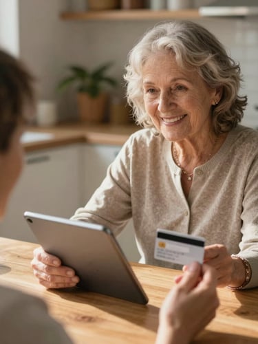 Over-the-shoulder shot of a smiling senior woman using a tablet at a sunlit wooden kitchen table, holding a credit card, warm morning light.
