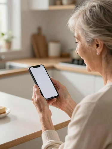 Over-the-shoulder view of a senior woman sitting in a sunlit kitchen, smiling as she looks at a clean smartphone screen, warm daylight, relaxed and confident atmosphere.