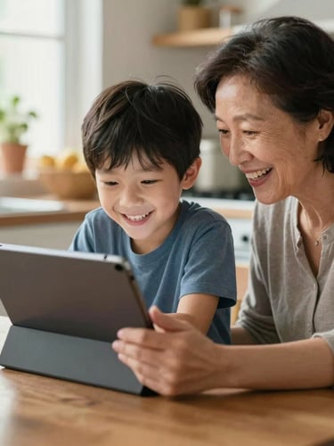 Over-the-shoulder shot of a grandmother and grandson laughing together at a kitchen table, looking at a tablet screen in warm, natural morning daylight.