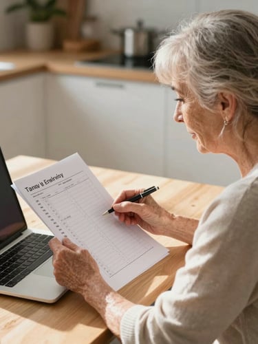An over-the-shoulder shot of a senior woman sitting at a sunlit kitchen table, looking at a printed checklist next to her laptop, warm daylight, relaxed expression.