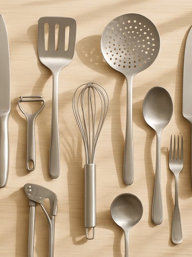 Overhead flat lay of neatly organized steel kitchen tools on a light wooden counter, bright natural morning daylight, soft organic shadows