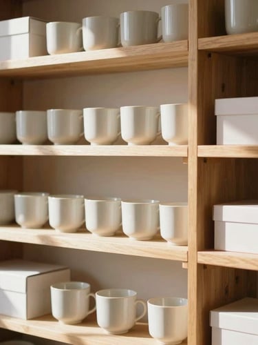 A close-up editorial photograph of neatly organized wooden shelves in warm morning light, showcasing minimalist ceramic cups and structured storage boxes, soft organic shadows, 35mm.