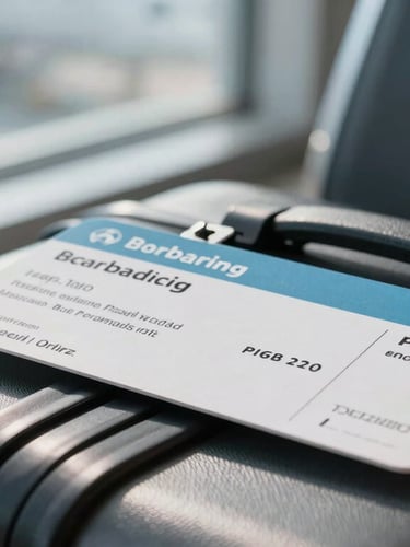 Macro shot of a modern boarding pass and a luggage tag resting on a sleek airport terminal seat, dramatic side light from a large window.