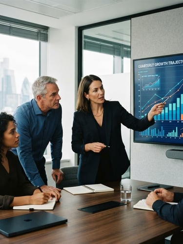 Modern bright meeting room, professional advisors analyzing corporate growth charts on a screen, clean daylight, tech blue accents, 35mm photography