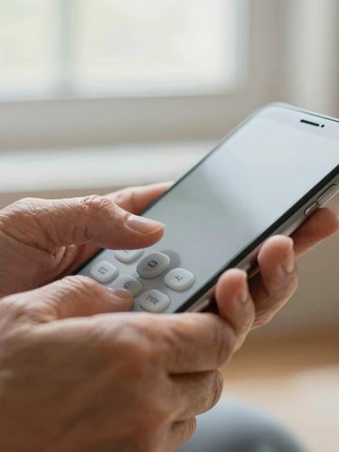 Close-up macro shot of wrinkled senior hands and smooth child hands holding a mobile device with high-contrast clarity and large tactile buttons. Soft natural window light, warm editorial photography, shallow depth of field.