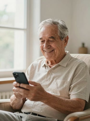 A warm, natural light portrait of an elderly man smiling softly as he looks at his phone, sitting in a cozy armchair near a window. Warm editorial photography, shallow depth of field, 35mm.