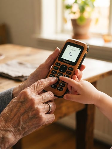 Close-up of hands of different generations holding a warm-toned mobile device with large tactile buttons, soft natural window light, shallow depth of field, 35mm