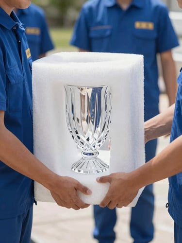 Close-up of professional movers wearing royal blue uniforms carefully wrapping a delicate crystal vase with double-wall protective foam, natural daylight, 35mm lens