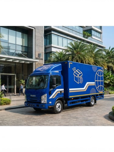 Pristine modern moving truck with clean royal blue branding parked outside a luxury corporate office in Bangalore, bright natural daylight, 35mm lens