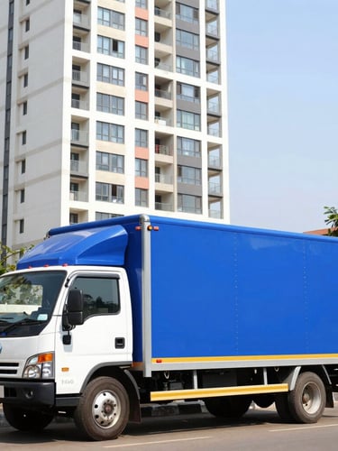 A pristine royal blue and white moving truck parked outside a modern high-rise residential tower in Bangalore, bright daylight, 35mm lens.