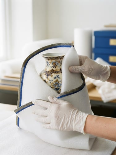 Close-up of professional gloved hands carefully wrapping a vintage porcelain vase in thick protective gold-trimmed foam, bright natural daylight, royal blue accents, 35mm lens
