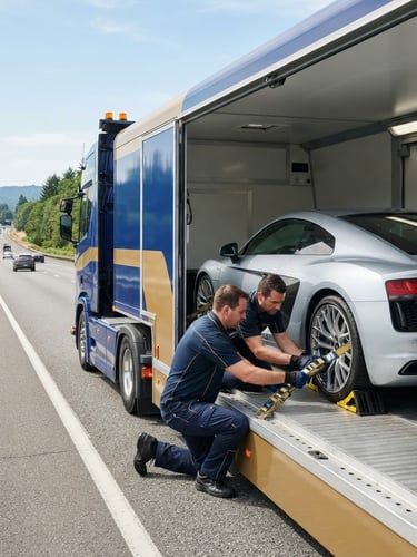 A premium enclosed car carrier truck on a clean highway under bright daylight, a sleek luxury sedan visible inside, professional crew securing wheels.