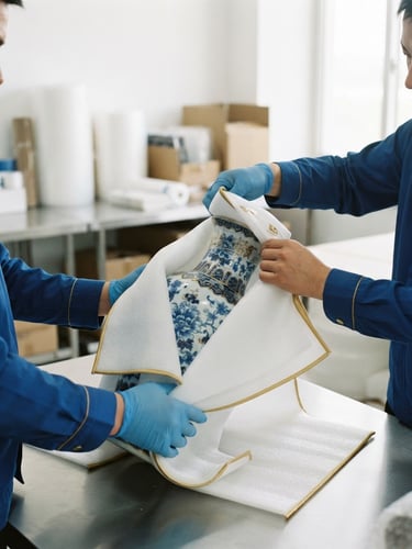 Close-up of professional packers in royal blue uniforms wrapping a delicate porcelain vase in protective gold-trimmed foam, bright daylight, 35mm lens