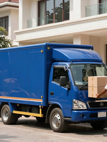 A pristine, modern royal blue moving truck parked outside a luxury residence in Bangalore, professional crew members in clean uniforms loading structured boxes, bright daylight, 35mm lens